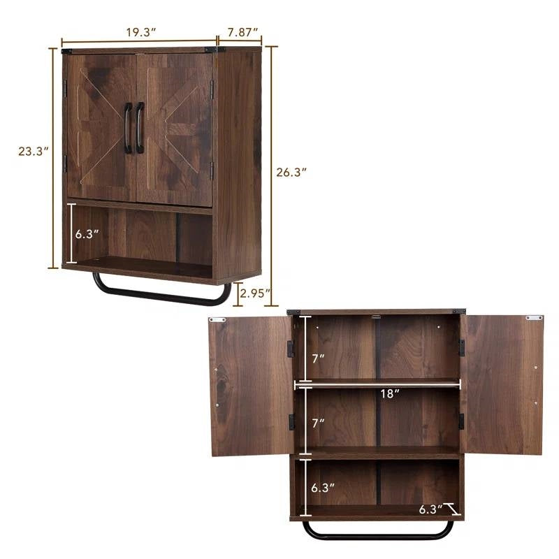 Farmhouse Bathroom Wall Cabinet with Towel Bar in Brown Wood Finish-4