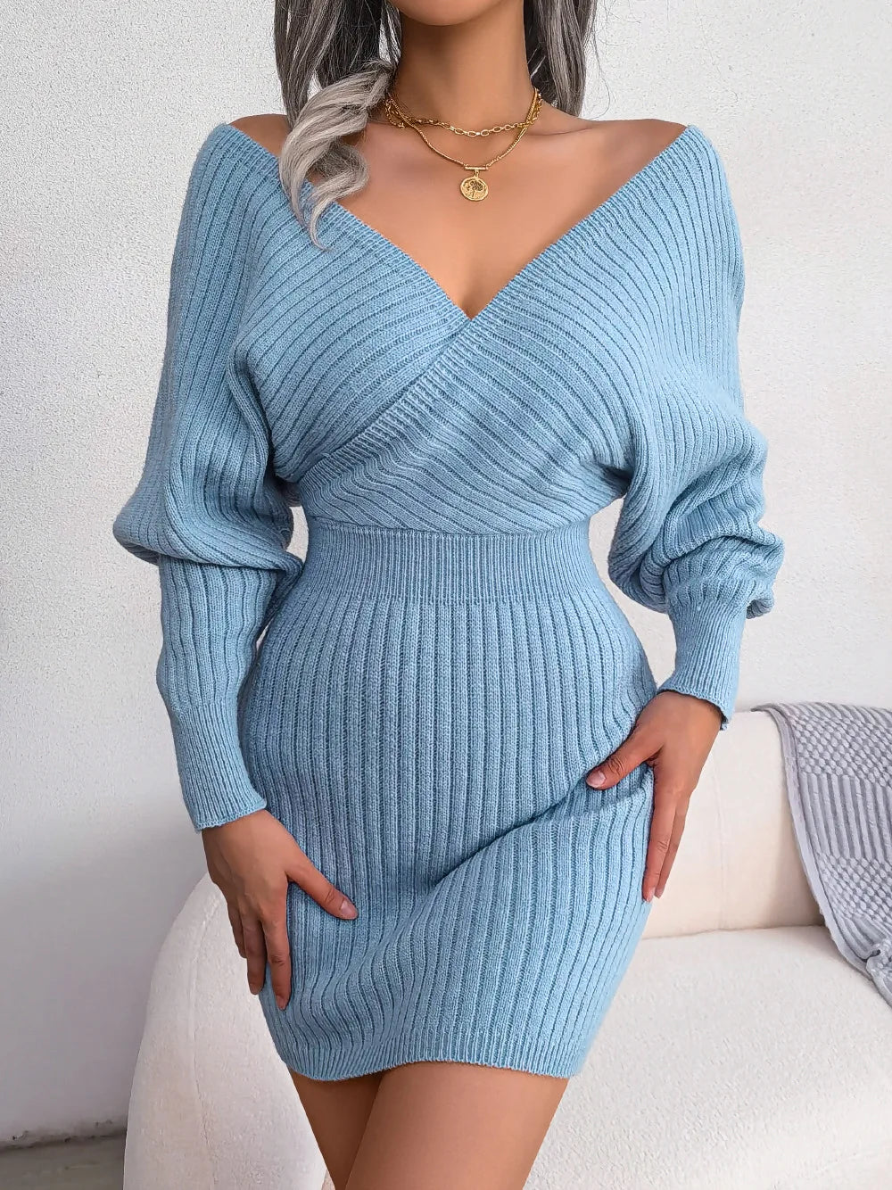 VigoCasey 2025 White Cross V Neck Short Knit Dress Spring Autumn Women Casual Long Sleeve Dress Sexy Lady Solid Knitted Dresses