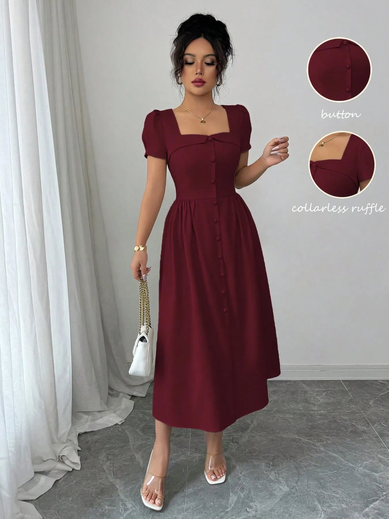 Square Neck Puff Sleeve Midi Dress - DicartluzeDicartluze58b6d363 - ae00 - 4c46 - b96a - 895a03f0b7ed - Max - Origin