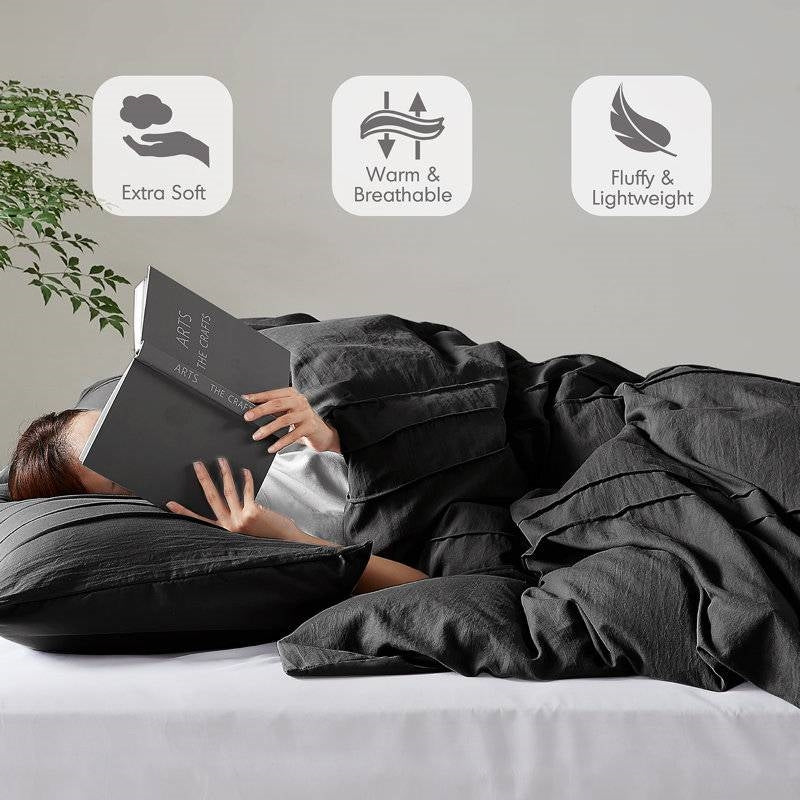 King size Pre-Washed Pleated Microfiber Comforter Set in Black-3