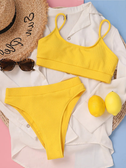 Sexy Solid Yellow Bikini 2024 Mujer High Cut Pleate Women's Swimsuit Separate Beach Bathing Suit High Waist Swimwear Biquini New