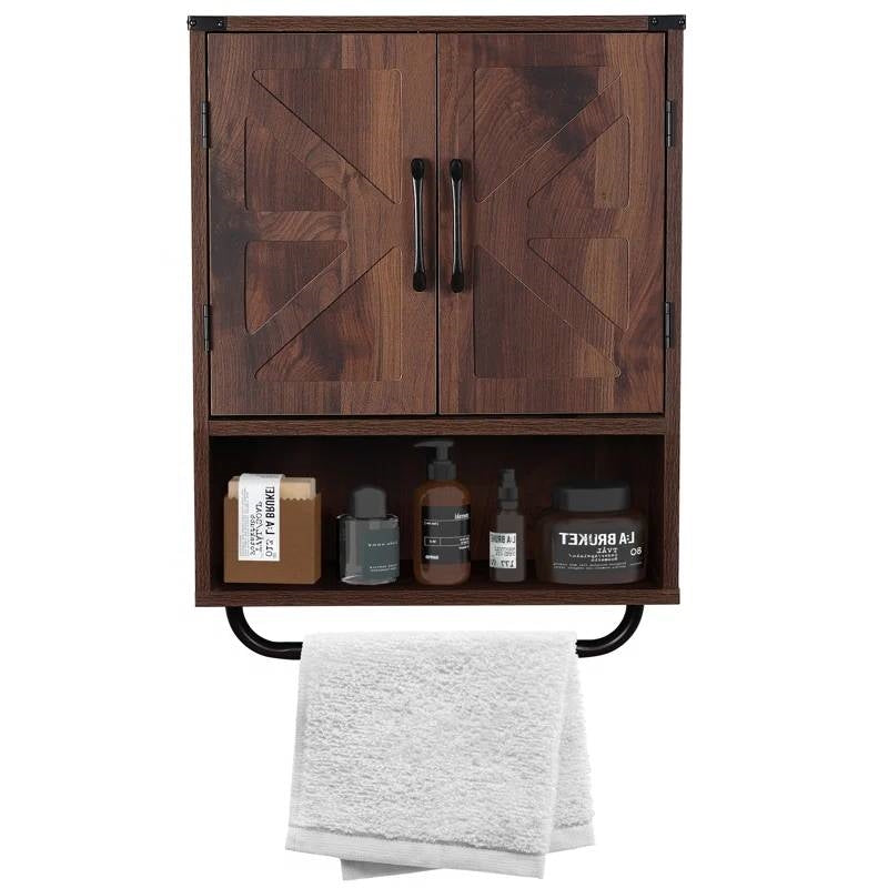 Farmhouse Bathroom Wall Cabinet with Towel Bar in Brown Wood Finish-0