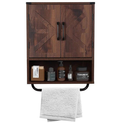 Farmhouse Bathroom Wall Cabinet with Towel Bar in Brown Wood Finish-0