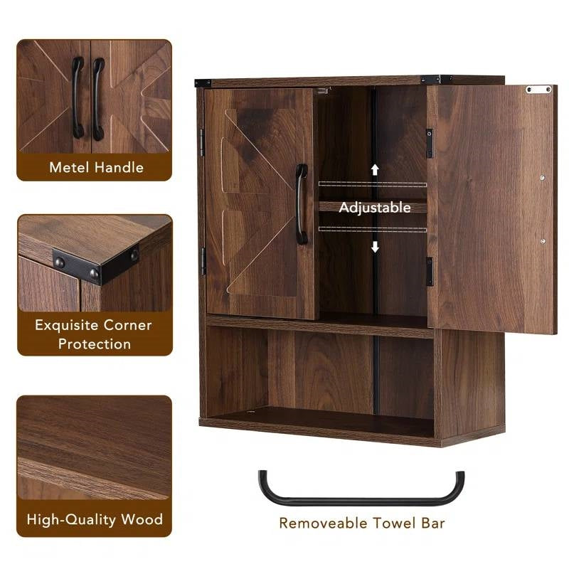 Farmhouse Bathroom Wall Cabinet with Towel Bar in Brown Wood Finish-3