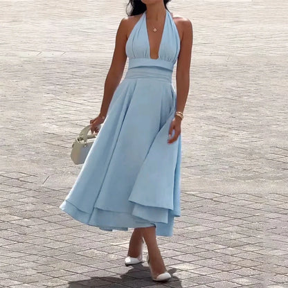 Summer Dresses  Sexy Plain Sleeveless Halter Neck Nipped Waists Layered Draped Midi Evening Dresses for Women