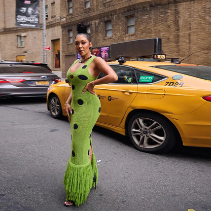 Women Sexy See Through Knitted Maxi Dress Hollow Out Deep Neck Pot Robes Tassel Hem Fork Party Vestidos 2025 New Lady Club Dress