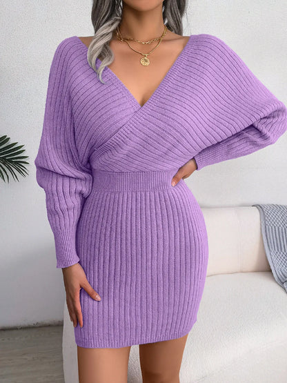 VigoCasey 2025 White Cross V Neck Short Knit Dress Spring Autumn Women Casual Long Sleeve Dress Sexy Lady Solid Knitted Dresses