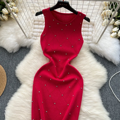 Beading  Summer Women's Knitting Sheath Tank Dress Female Bodycon Knitted Camisole Sleeveless Mini Dresses For Woman Outfits