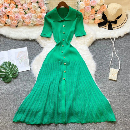 Vintage Turn-down Collar Knit Maxi Dress Elegant Single-breasted A-line Long Shirt Dress Lady Vestidos