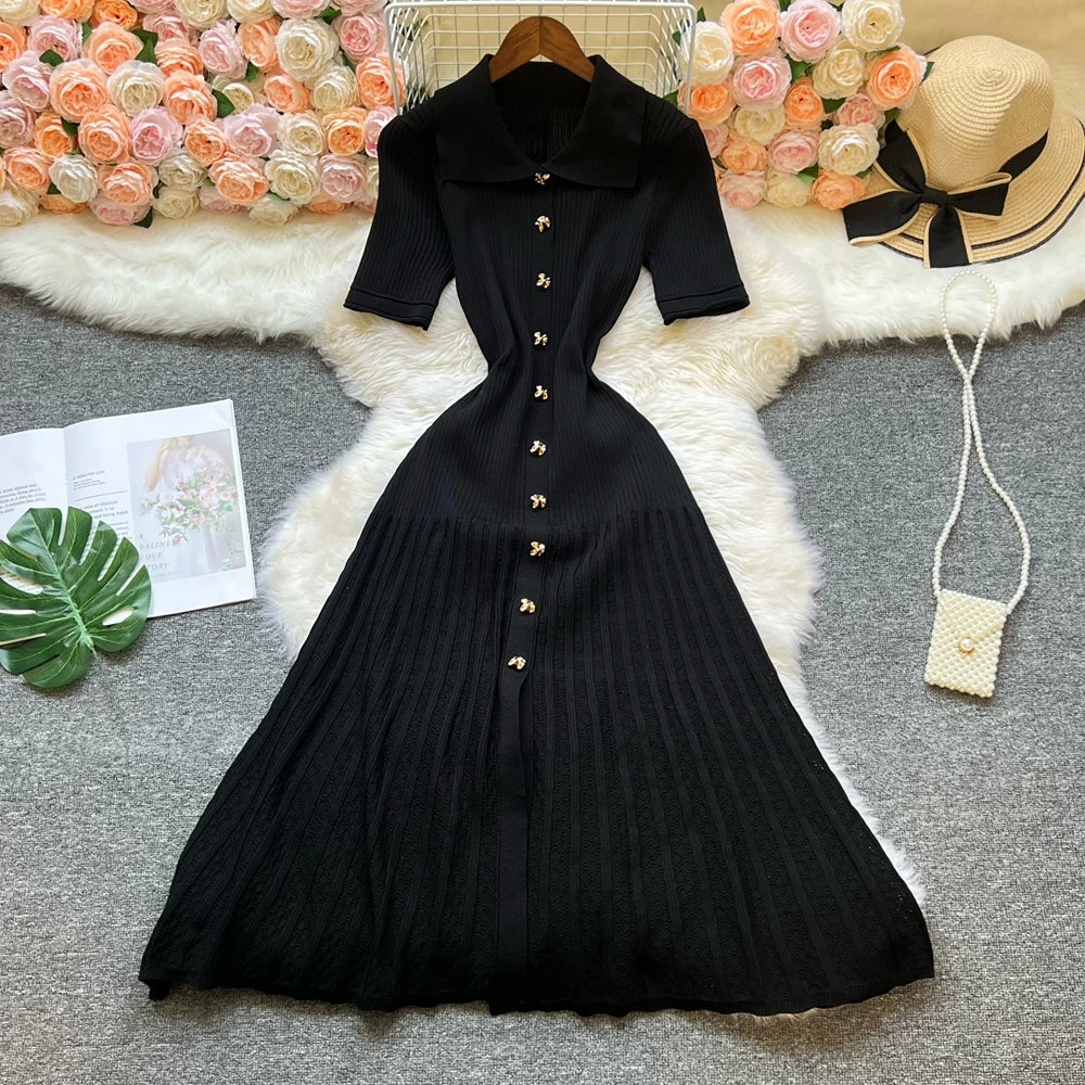 Vintage Turn-down Collar Knit Maxi Dress Elegant Single-breasted A-line Long Shirt Dress Lady Vestidos