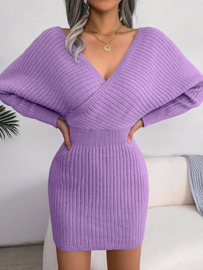 VigoCasey 2025 White Cross V Neck Short Knit Dress Spring Autumn Women Casual Long Sleeve Dress Sexy Lady Solid Knitted Dresses