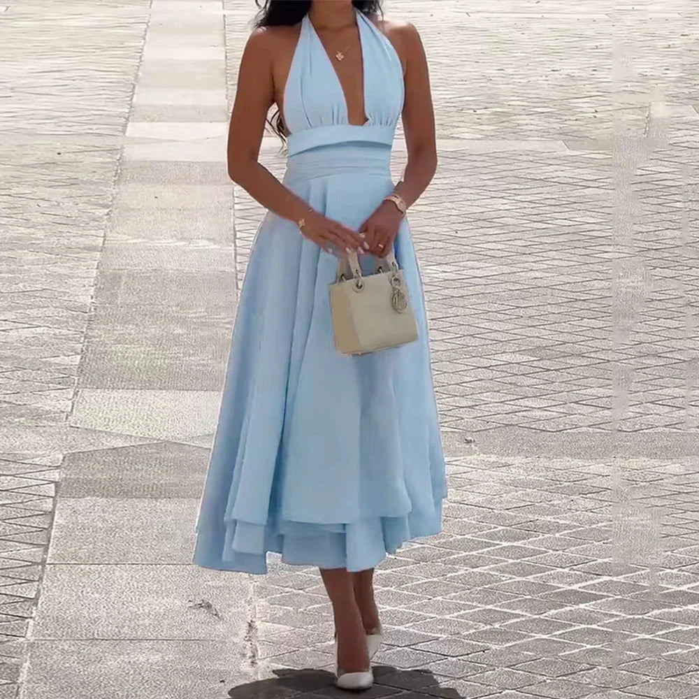 Summer Dresses  Sexy Plain Sleeveless Halter Neck Nipped Waists Layered Draped Midi Evening Dresses for Women