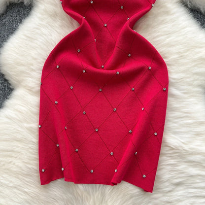 Beading  Summer Women's Knitting Sheath Tank Dress Female Bodycon Knitted Camisole Sleeveless Mini Dresses For Woman Outfits