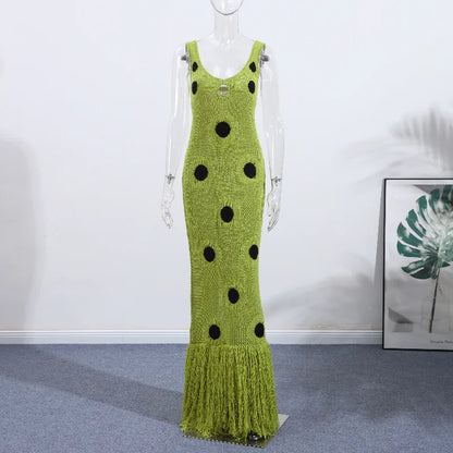 Women Sexy See Through Knitted Maxi Dress Hollow Out Deep Neck Pot Robes Tassel Hem Fork Party Vestidos 2025 New Lady Club Dress
