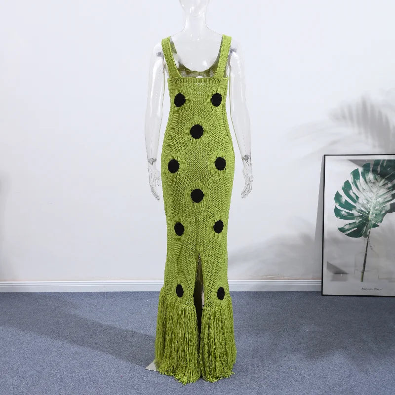 Women Sexy See Through Knitted Maxi Dress Hollow Out Deep Neck Pot Robes Tassel Hem Fork Party Vestidos 2025 New Lady Club Dress