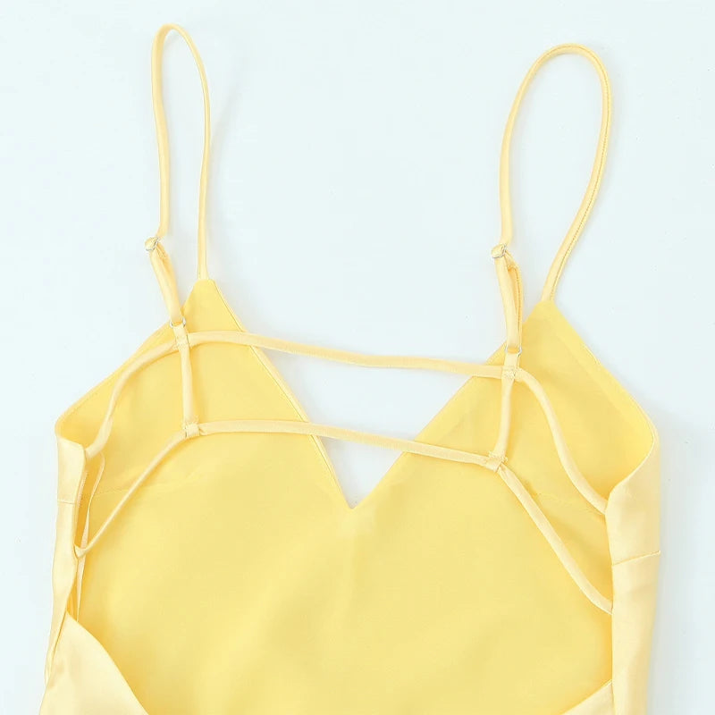 Sexy Yellow Satin Blend Sling Dress Women Elegant Sling Collar Backless Long Dresses 2025 Women New Lady Beach Vacation Robes