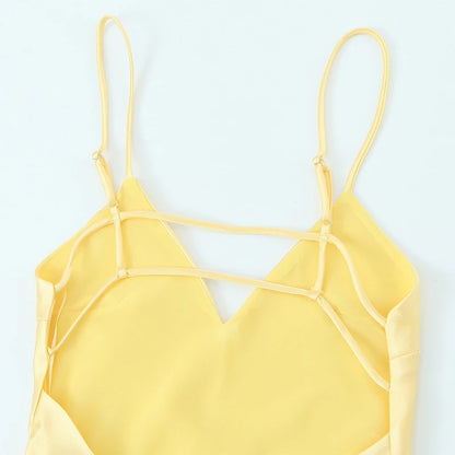 Sexy Yellow Satin Blend Sling Dress Women Elegant Sling Collar Backless Long Dresses 2025 Women New Lady Beach Vacation Robes