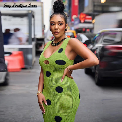 Women Sexy See Through Knitted Maxi Dress Hollow Out Deep Neck Pot Robes Tassel Hem Fork Party Vestidos 2025 New Lady Club Dress