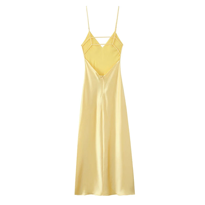 Sexy Yellow Satin Blend Sling Dress Women Elegant Sling Collar Backless Long Dresses 2025 Women New Lady Beach Vacation Robes