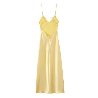 Sexy Yellow Satin Blend Sling Dress Women Elegant Sling Collar Backless Long Dresses 2025 Women New Lady Beach Vacation Robes