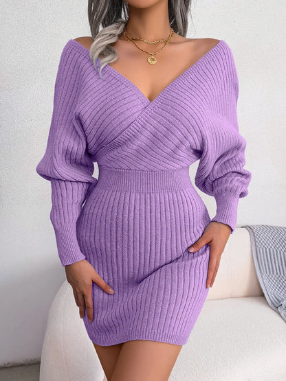 VigoCasey 2025 White Cross V Neck Short Knit Dress Spring Autumn Women Casual Long Sleeve Dress Sexy Lady Solid Knitted Dresses
