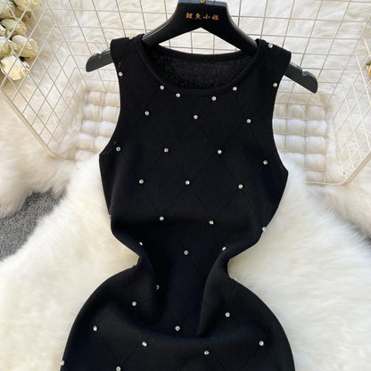 Beading  Summer Women's Knitting Sheath Tank Dress Female Bodycon Knitted Camisole Sleeveless Mini Dresses For Woman Outfits