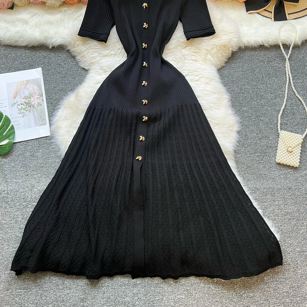 Vintage Turn-down Collar Knit Maxi Dress Elegant Single-breasted A-line Long Shirt Dress Lady Vestidos