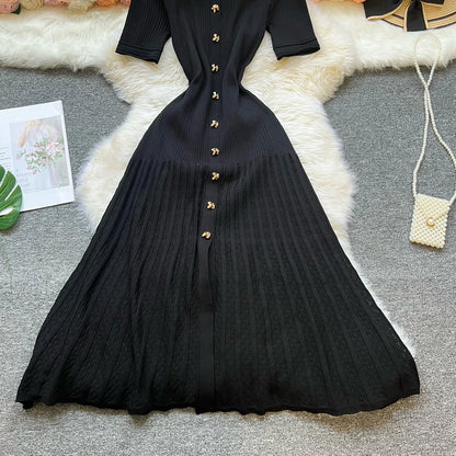 Vintage Turn-down Collar Knit Maxi Dress Elegant Single-breasted A-line Long Shirt Dress Lady Vestidos