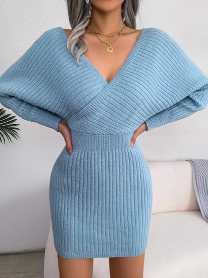 VigoCasey 2025 White Cross V Neck Short Knit Dress Spring Autumn Women Casual Long Sleeve Dress Sexy Lady Solid Knitted Dresses