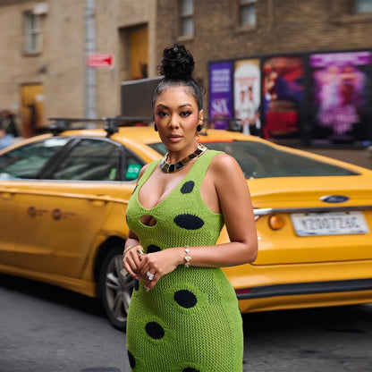 Women Sexy See Through Knitted Maxi Dress Hollow Out Deep Neck Pot Robes Tassel Hem Fork Party Vestidos 2025 New Lady Club Dress