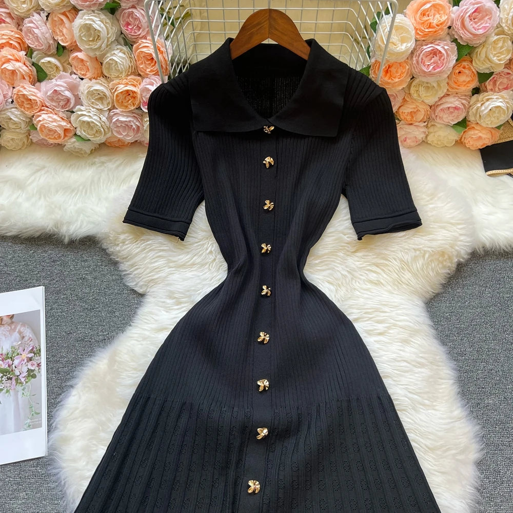 Vintage Turn-down Collar Knit Maxi Dress Elegant Single-breasted A-line Long Shirt Dress Lady Vestidos