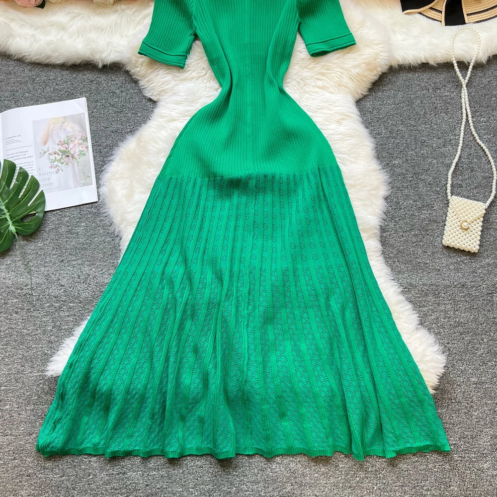 Vintage Turn-down Collar Knit Maxi Dress Elegant Single-breasted A-line Long Shirt Dress Lady Vestidos