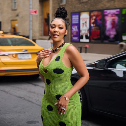 Women Sexy See Through Knitted Maxi Dress Hollow Out Deep Neck Pot Robes Tassel Hem Fork Party Vestidos 2025 New Lady Club Dress