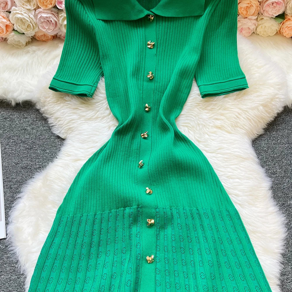 Vintage Turn-down Collar Knit Maxi Dress Elegant Single-breasted A-line Long Shirt Dress Lady Vestidos