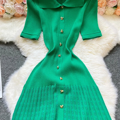 Vintage Turn-down Collar Knit Maxi Dress Elegant Single-breasted A-line Long Shirt Dress Lady Vestidos