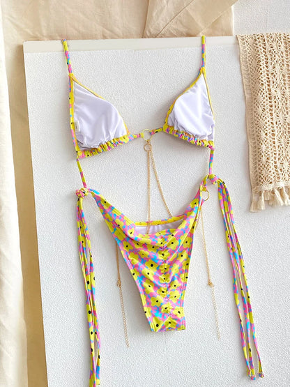 Sexy Triangle Chains Bikini Sets Micro Thongs Swimsuit Women Bathing Suit Biquini Bandage Beachwear Print Swimwear Thong Bikini