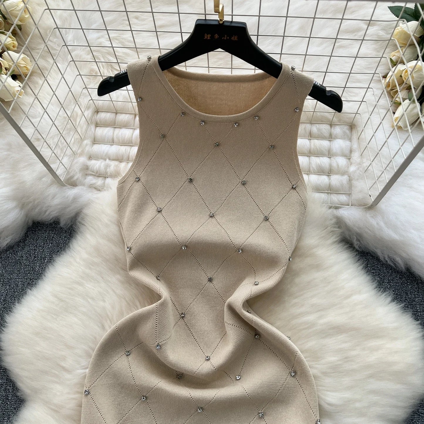 Beading  Summer Women's Knitting Sheath Tank Dress Female Bodycon Knitted Camisole Sleeveless Mini Dresses For Woman Outfits