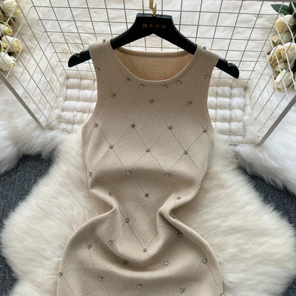 Beading  Summer Women's Knitting Sheath Tank Dress Female Bodycon Knitted Camisole Sleeveless Mini Dresses For Woman Outfits