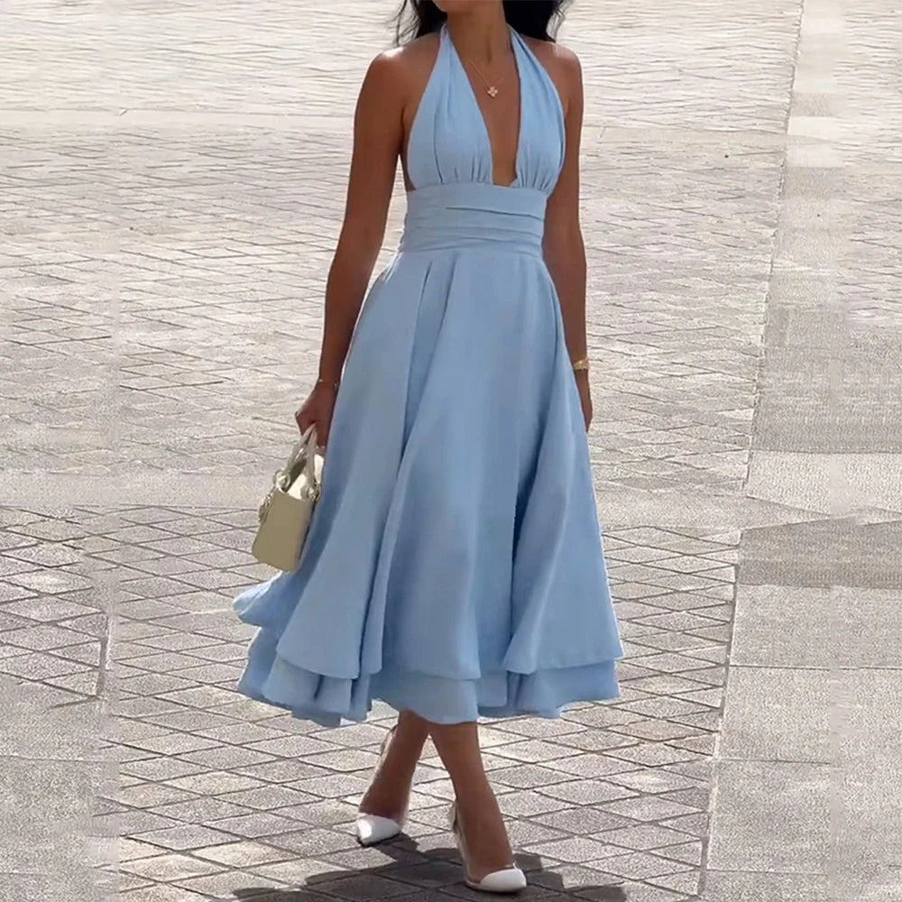 Summer Dresses  Sexy Plain Sleeveless Halter Neck Nipped Waists Layered Draped Midi Evening Dresses for Women