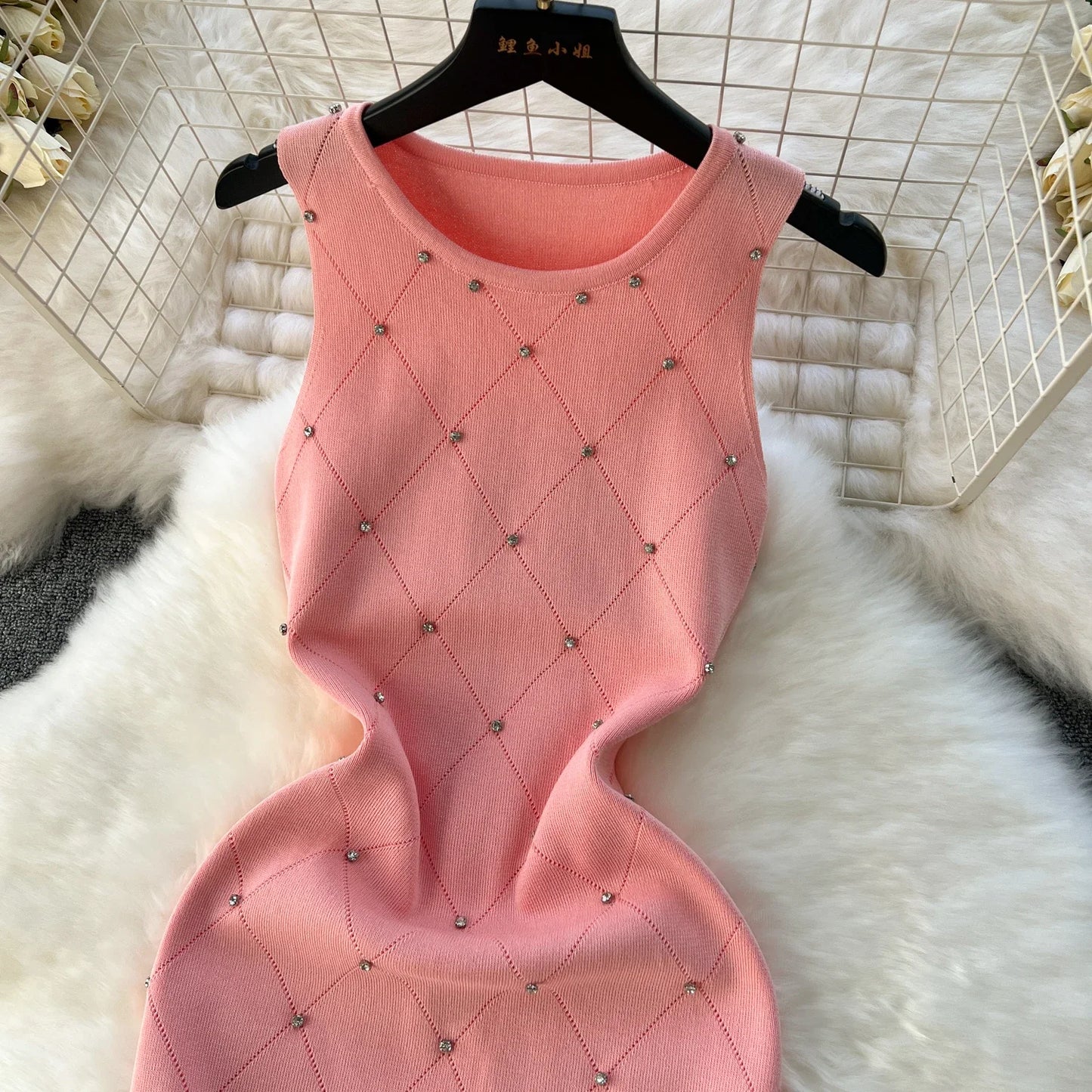 Beading  Summer Women's Knitting Sheath Tank Dress Female Bodycon Knitted Camisole Sleeveless Mini Dresses For Woman Outfits