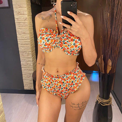Flowers Printed Bandeau Female Swimsuit High Waist Bikini Women Swimwear Two-pieces Bikini set Bather Bathing Suit Swim V6613
