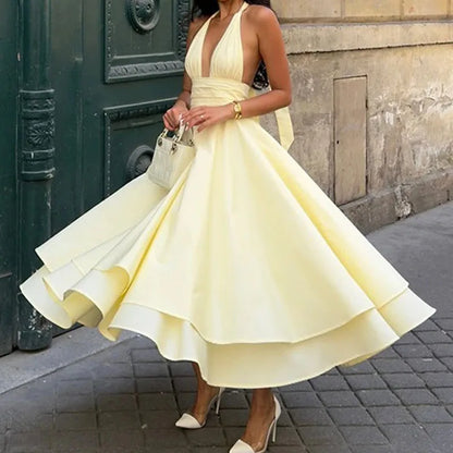 Fashion Casual Long Dresses for Women Solid Backless V Neck Halter A-line Big Swing Pleated Dress 2025 Lady Vacation Sexy Robe