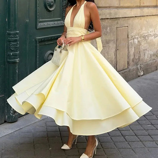 Fashion Casual Long Dresses for Women Solid Backless V Neck Halter A-line Big Swing Pleated Dress 2025 Lady Vacation Sexy Robe