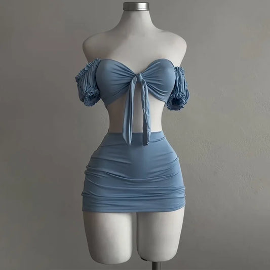 2 Piece Set Women Summer Lace Up  Party Club Outfits