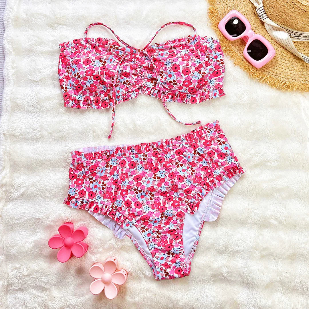 Flowers Printed Bandeau Female Swimsuit High Waist Bikini Women Swimwear Two-pieces Bikini set Bather Bathing Suit Swim V6613