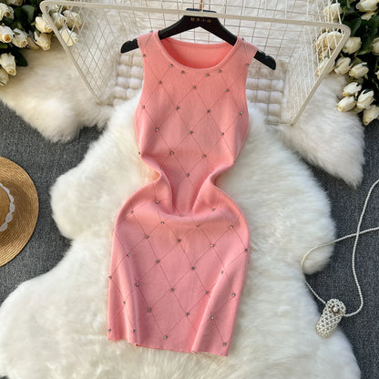 Beading  Summer Women's Knitting Sheath Tank Dress Female Bodycon Knitted Camisole Sleeveless Mini Dresses For Woman Outfits