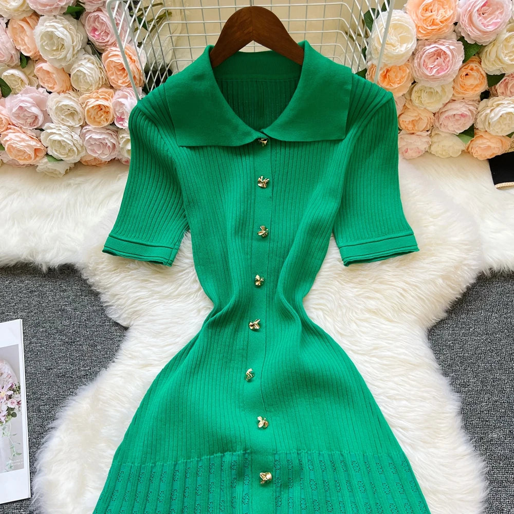 Vintage Turn-down Collar Knit Maxi Dress Elegant Single-breasted A-line Long Shirt Dress Lady Vestidos