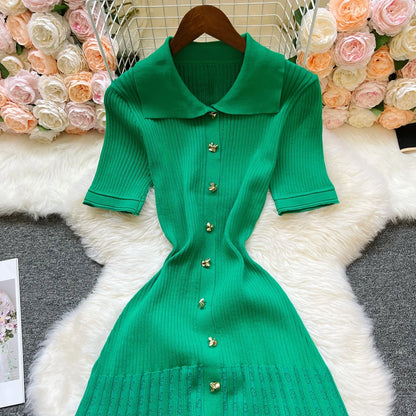 Vintage Turn-down Collar Knit Maxi Dress Elegant Single-breasted A-line Long Shirt Dress Lady Vestidos