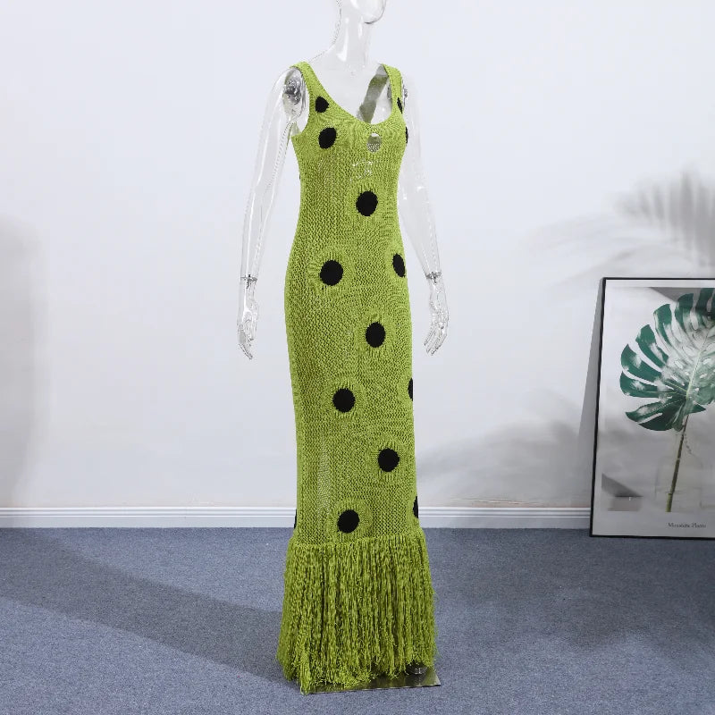 Women Sexy See Through Knitted Maxi Dress Hollow Out Deep Neck Pot Robes Tassel Hem Fork Party Vestidos 2025 New Lady Club Dress