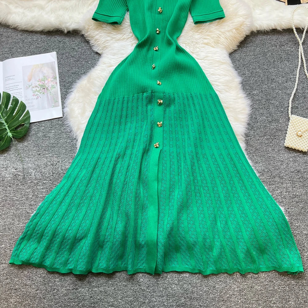 Vintage Turn-down Collar Knit Maxi Dress Elegant Single-breasted A-line Long Shirt Dress Lady Vestidos